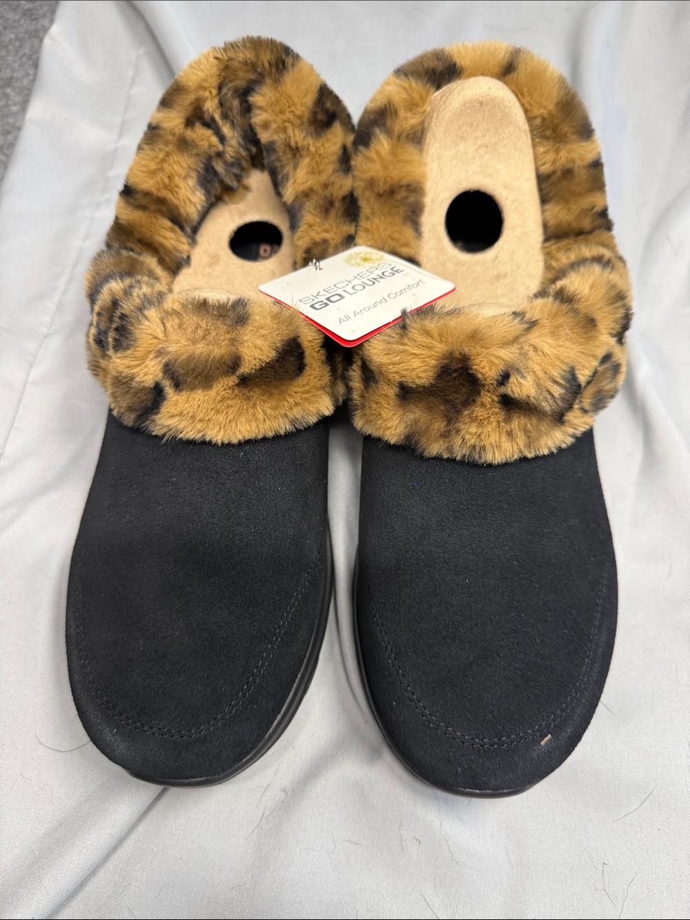 Skechers Black Slip-On Slippers with Leopard Faux-Fur Trim